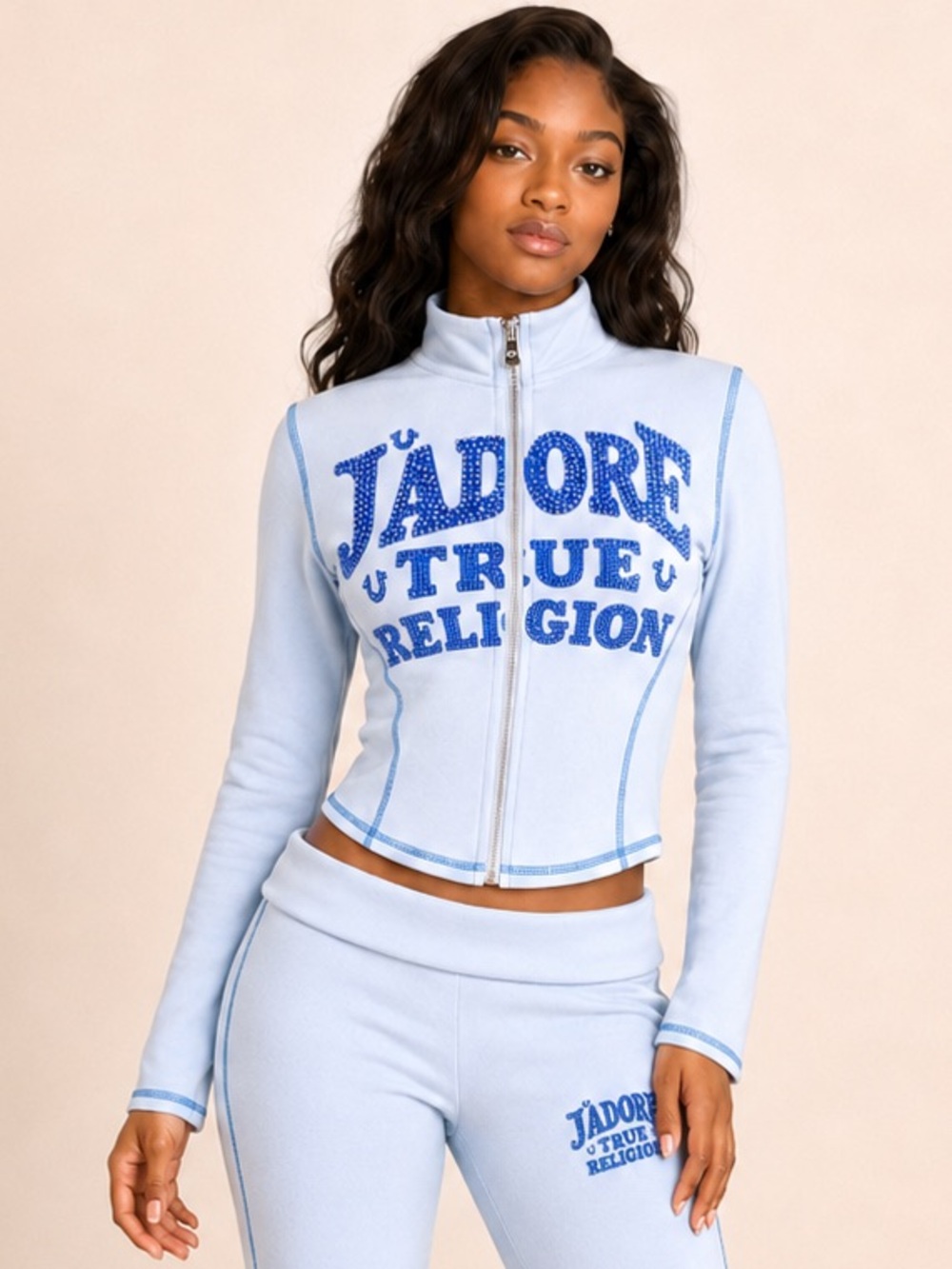 True Religion Crystal J'Adore Terry Zip Up Jacket Women's M Cashmere Blue Y2K